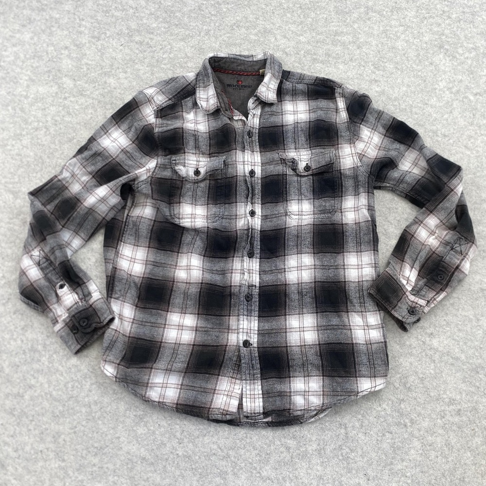 Woolrich Shirt Mens Medium Gray Plaid Flannel Button Up Long Sleeve Casual